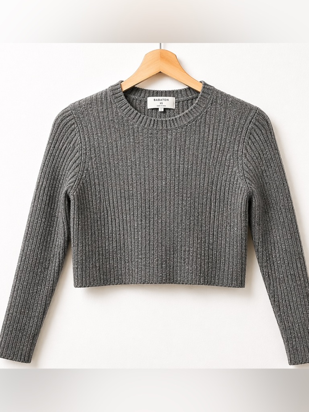 Babaton Aritzia Cropped Ribbed Sweater Grey XS Wool Blend Crewneck Minimalist
